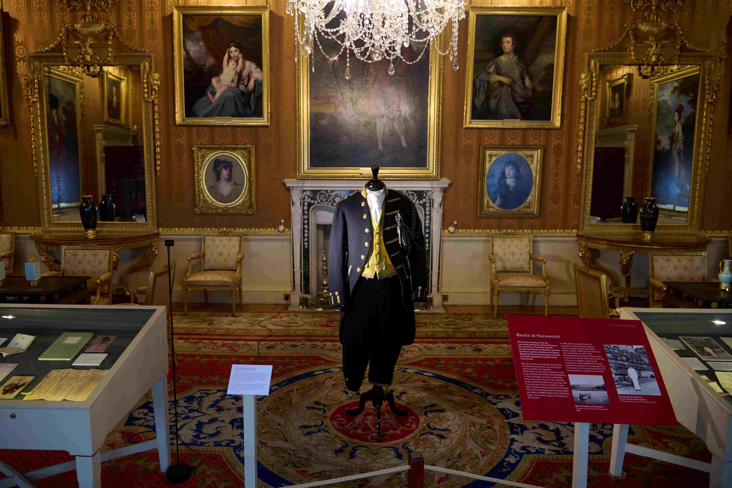 A grand interior with several large portraits and decorative carpet. In front of a marble fireplace is a mannequin dressed with servants livery. The livery is dark blue with a yellow striped waistcoat.