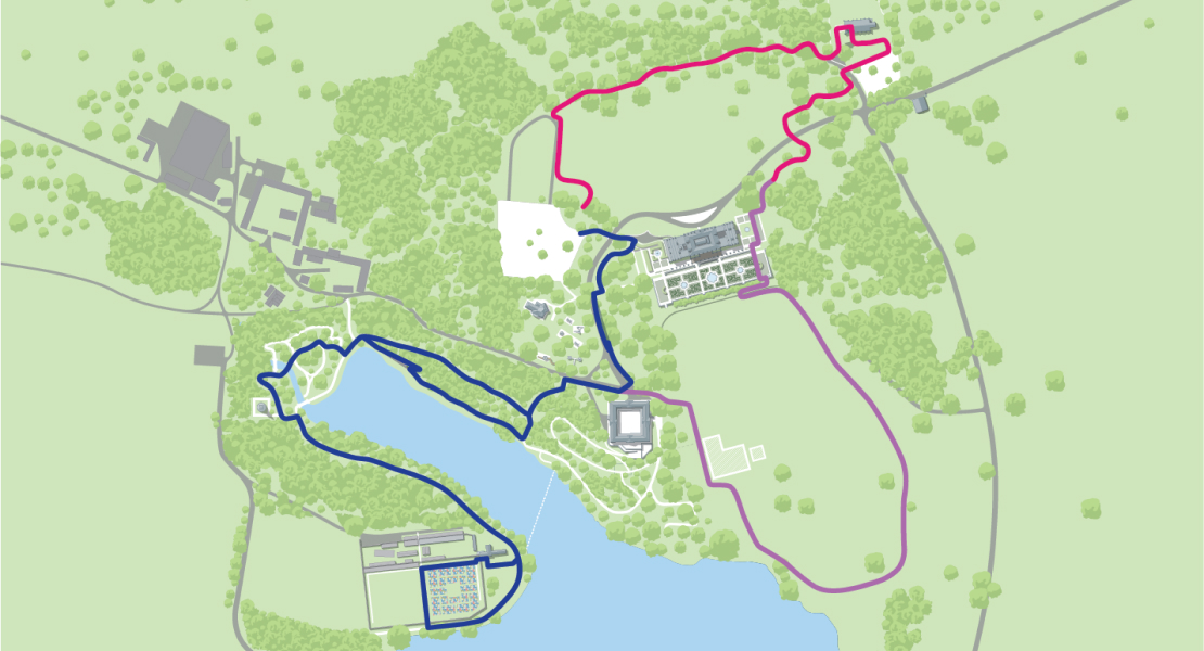 Map showing arial view of walks available on Harewood Gardens and Grounds. One path plots the route from the car park, across the North Front path to All Saints' Church and Woodland Wonderland then through the East Garden. This is where the second walk begins, across the Terrace, down past the Archery Border and around Sunsides leading out past the Courtyard. The third walk begins at the Car Park, past the Adventure Playground and Courtyard, down the Lakeside Woodland Garden path, around the Himalayan Garden, round the lake to the Bothy and Walled Garden. The walks can be done in succession and are all circular.