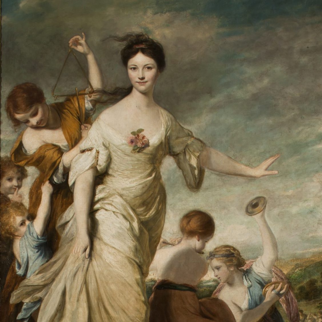 A graceful woman in a flowing white gown with flowers on the bodice stands against a cloudy sky, surrounded by children. The scene conveys elegance and harmony.