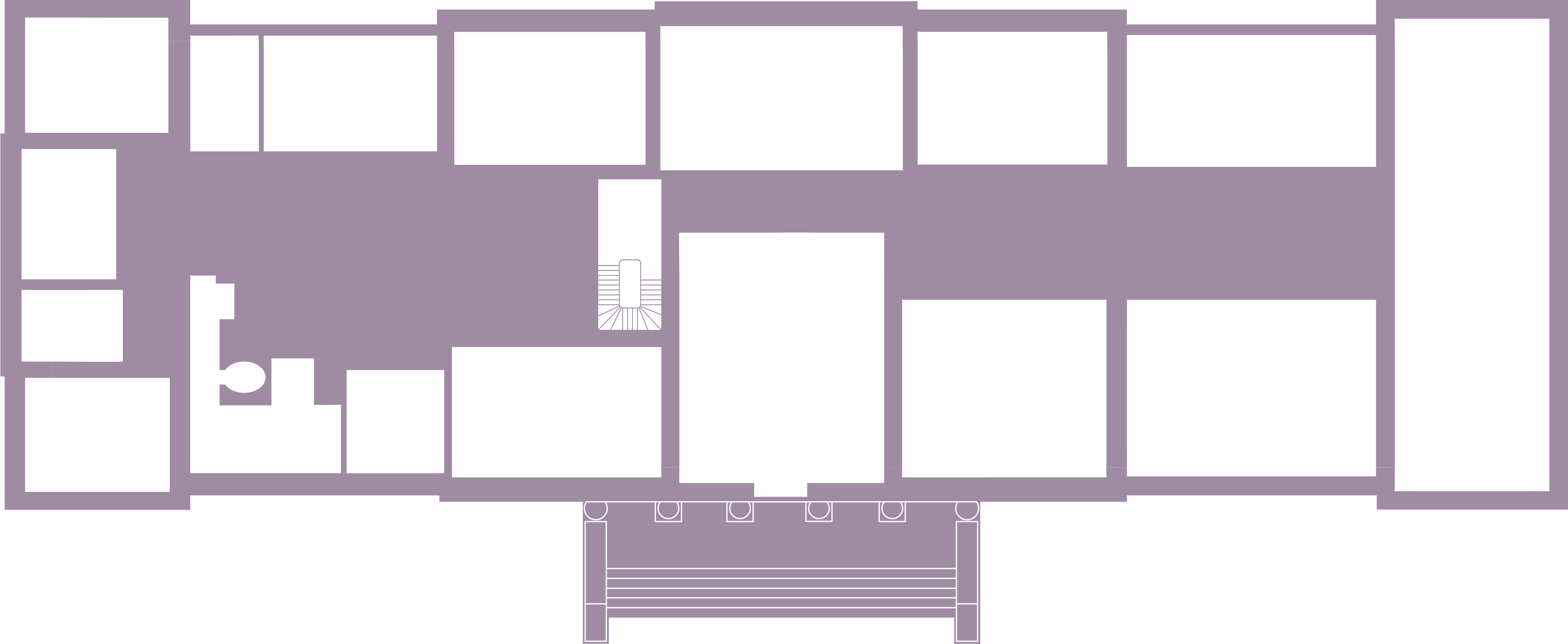 Simple floor plan of State Floor showing the route from Entrance Hall round the east side of the house all the way to the west side and back to the Entrance Hall.