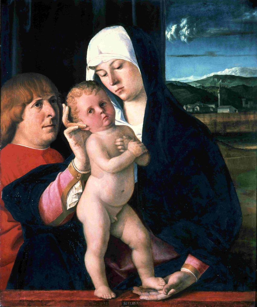 An oil picture the Madonna and Child with an additional male figure to the left. The scene is set in front of a landscape and curtain.