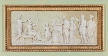 A monochromatic painting designed to look like a plasterwork frieze, showing seven figures sacrificing a bull to Homer, the Greek poet.