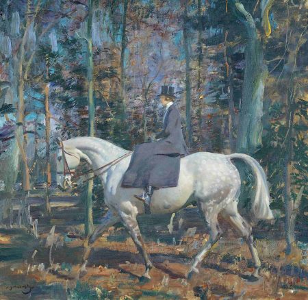 A painting of Princess Mary riding a white horse through a wooded landscape with dappled light.