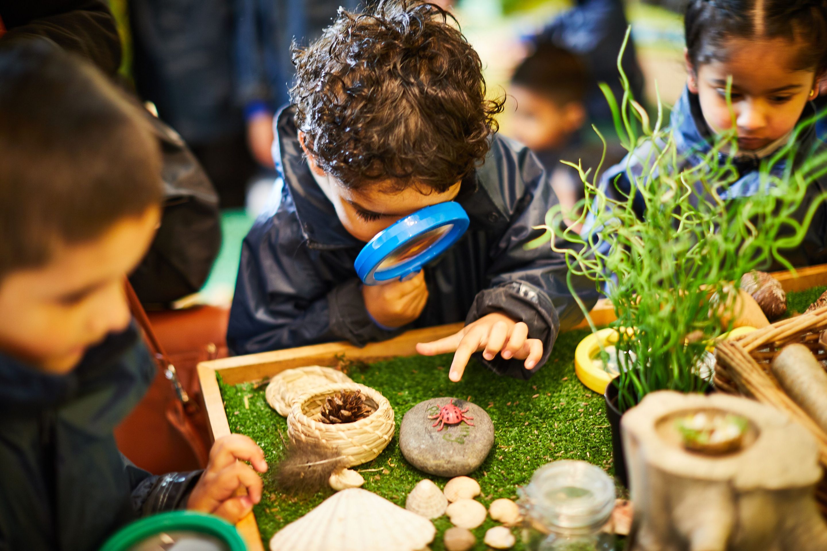 Ground of young children huddle around natural objects. One child holds a magnifying class to his face as he inspects a beetle.