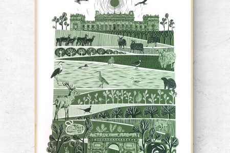 A hand-pulled three screen print in three shades of green, featuring illustrative images of the House, wildlife and surroundings of Harewood House and Estate.