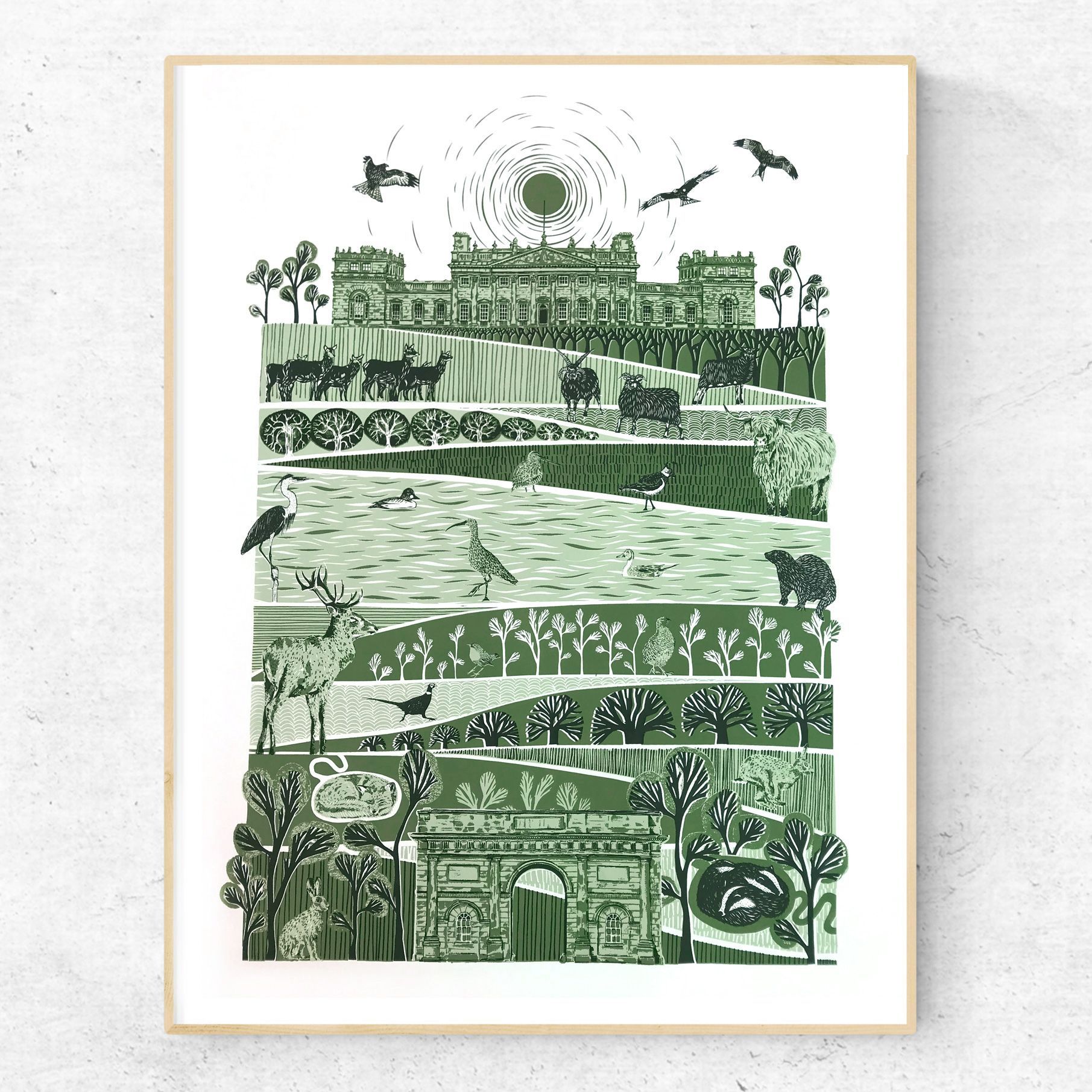 A hand-pulled three screen print in three shades of green, featuring illustrative images of the House, wildlife and surroundings of Harewood House and Estate.