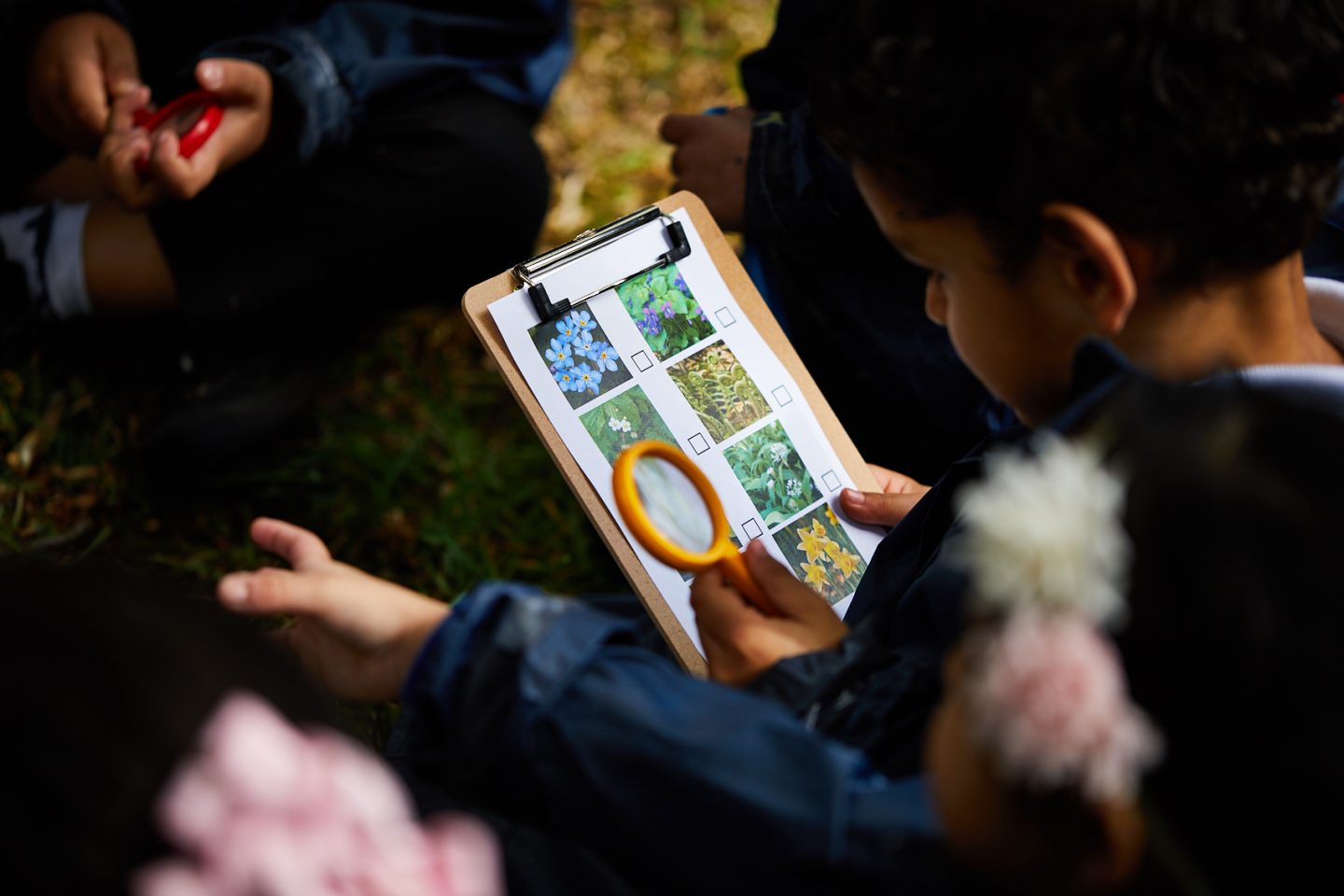 A young family holds a free wildflower trial sheet as they explore Harewood Gardens and Grounds