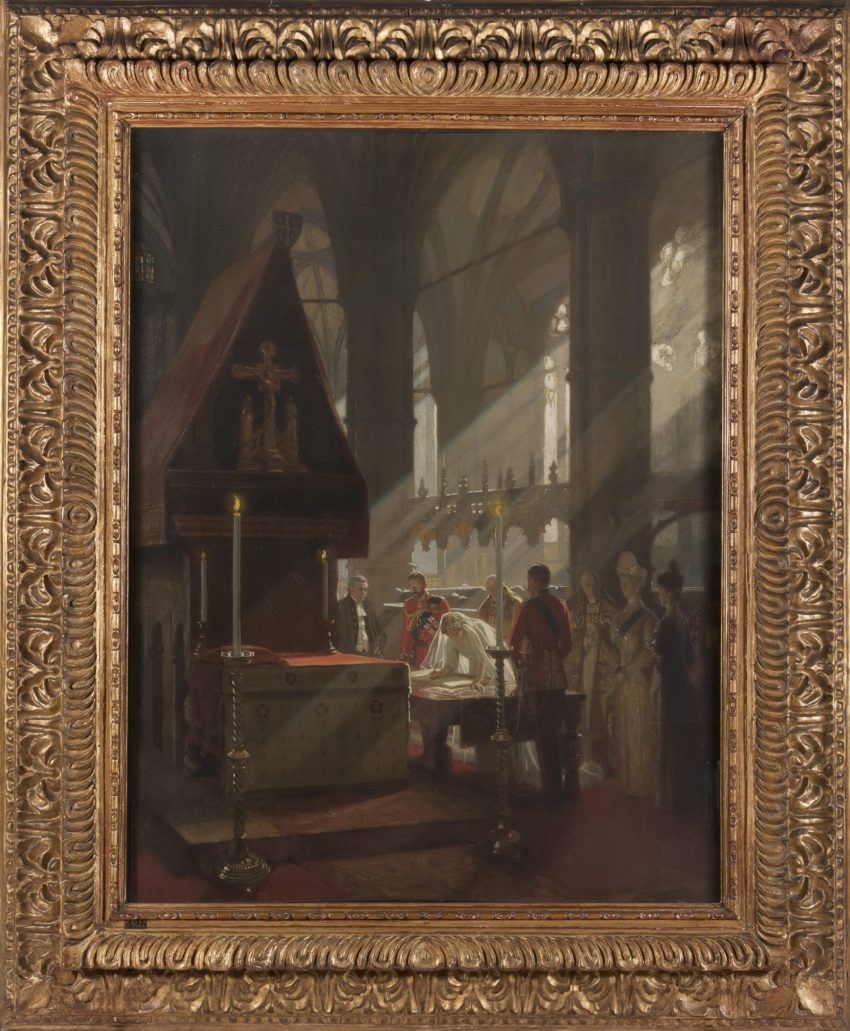 An oil painting of Princess Mary signing the register at Westminster Abbey during her wedding ceremony. A shaft of light filters through a tracery window on the left illuminating the scene.