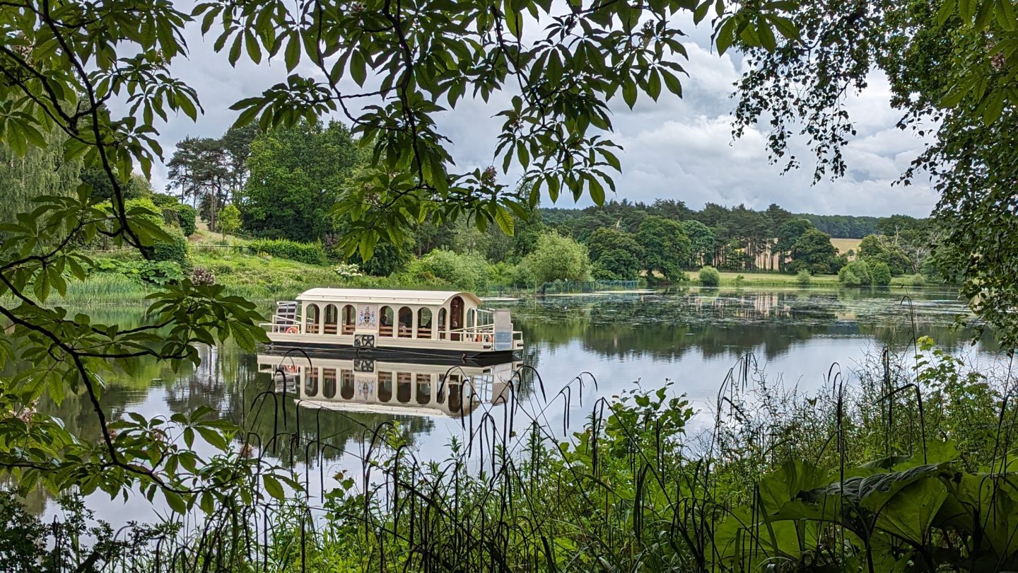 Tranquil scene, framed by tall aquatic plants and low hanging brances, of Harewood Chain Ferry crossing the Lake.