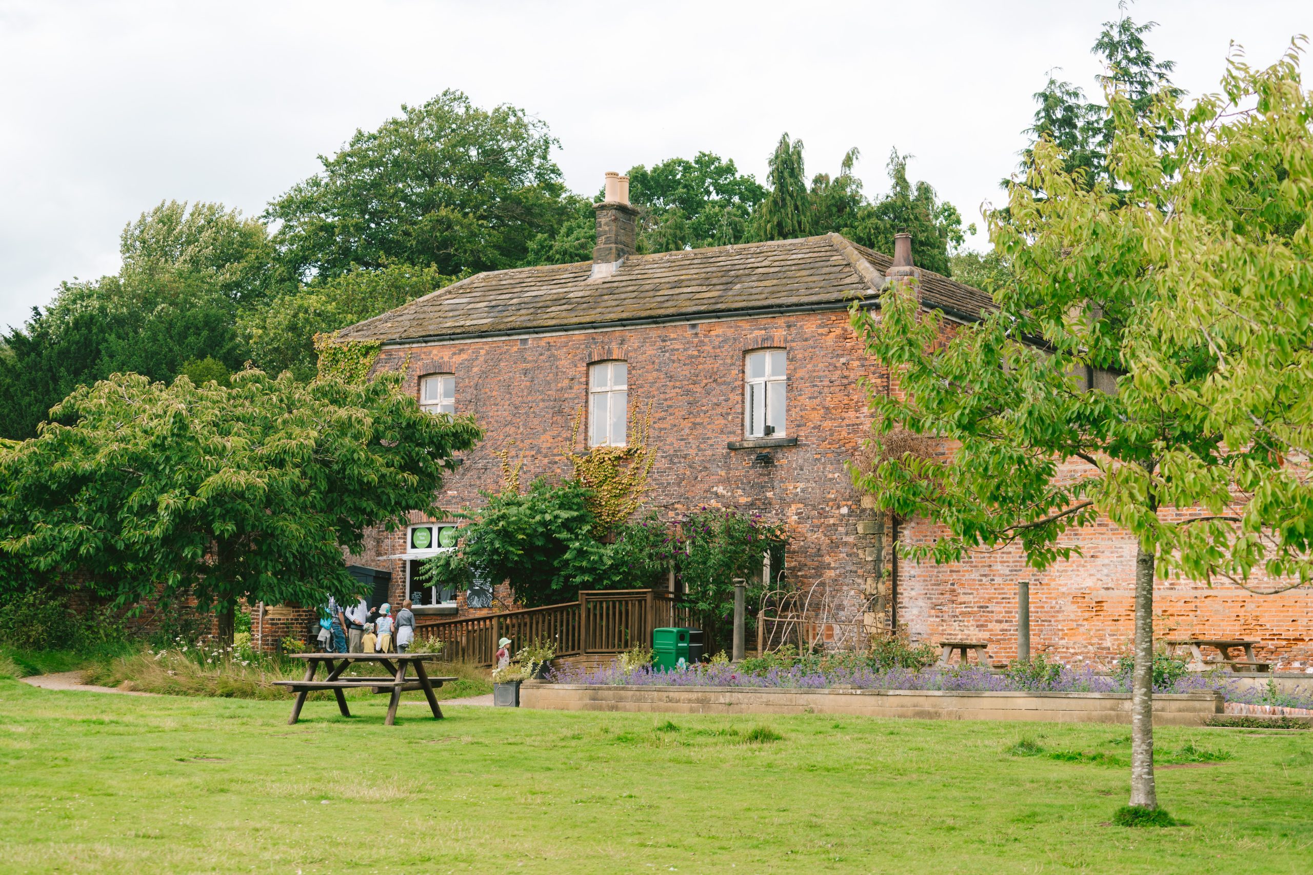 Families queue outside the Bothy Teahouse - an old brick building on the edge of the Walled Garden. Ivy and other creeping floral plants trail up the side of the house around the window panes. A rose and lavender garden sits to the left, with picnic benches dotted across the lawn.