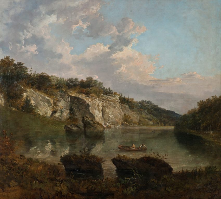 An oil painting showing a rocky cliff behind a large lake. A small fishing boat can be seen in the middle distance. The sky is bright blue but with gathering clouds to the left.