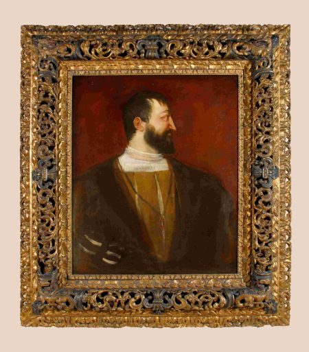 A half-length portrait of Francis I, turning his head to the right so that it is seen in profile, and is painted against a deep red background. He wears a large fur-lined over jacket with a golden coloured doublet underneath.