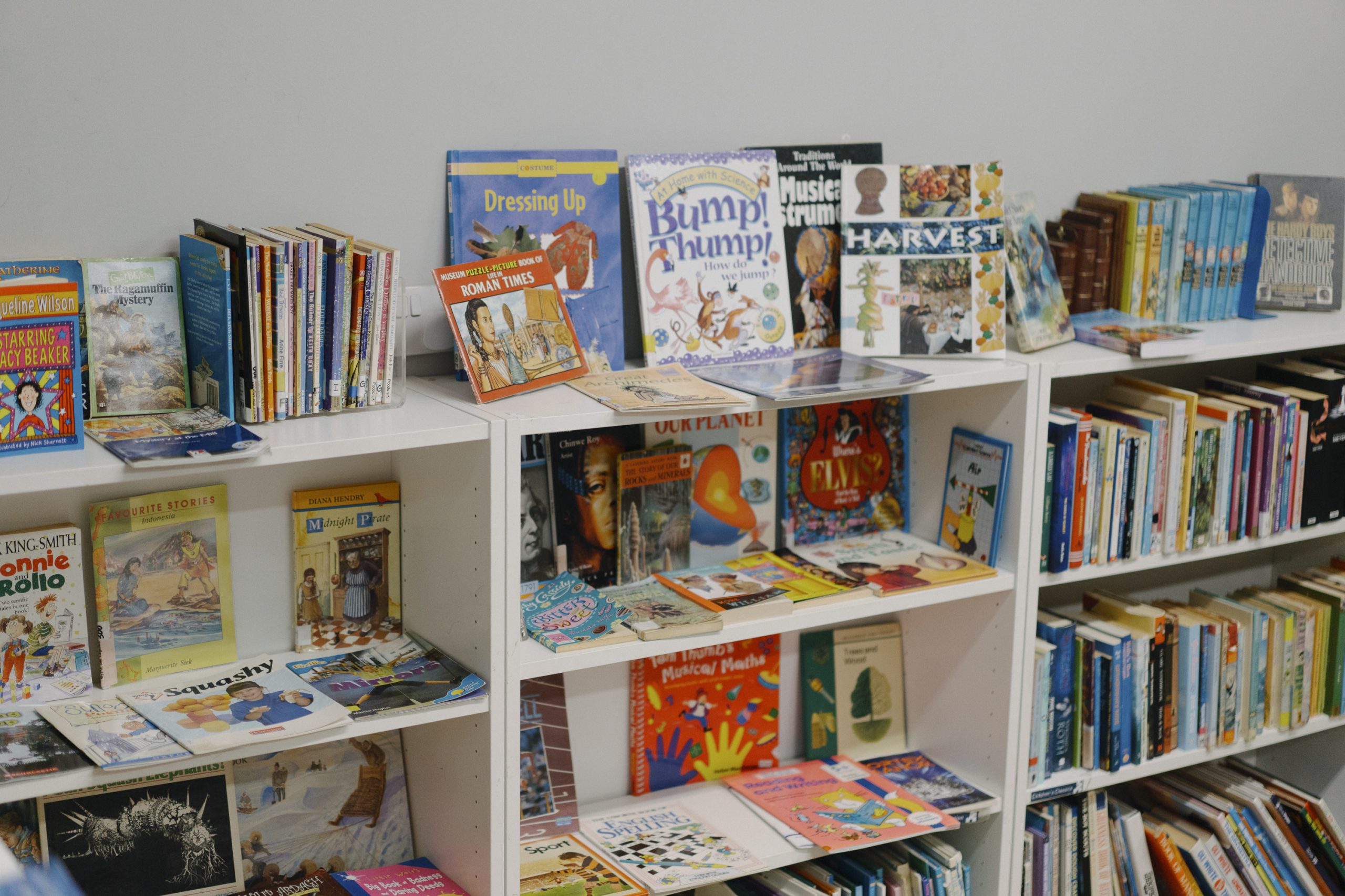 Colourful children's books, both new and rare, are placed on low level shelving so that they are easily accessible to younger readers.