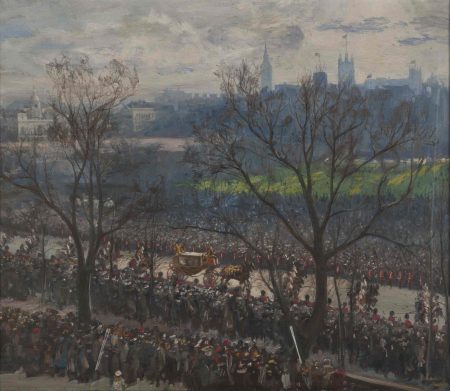 An impressionistic oil painting of Princess Mary's bridal procession in a carriage down The Mall in London, the route lined with crowed.