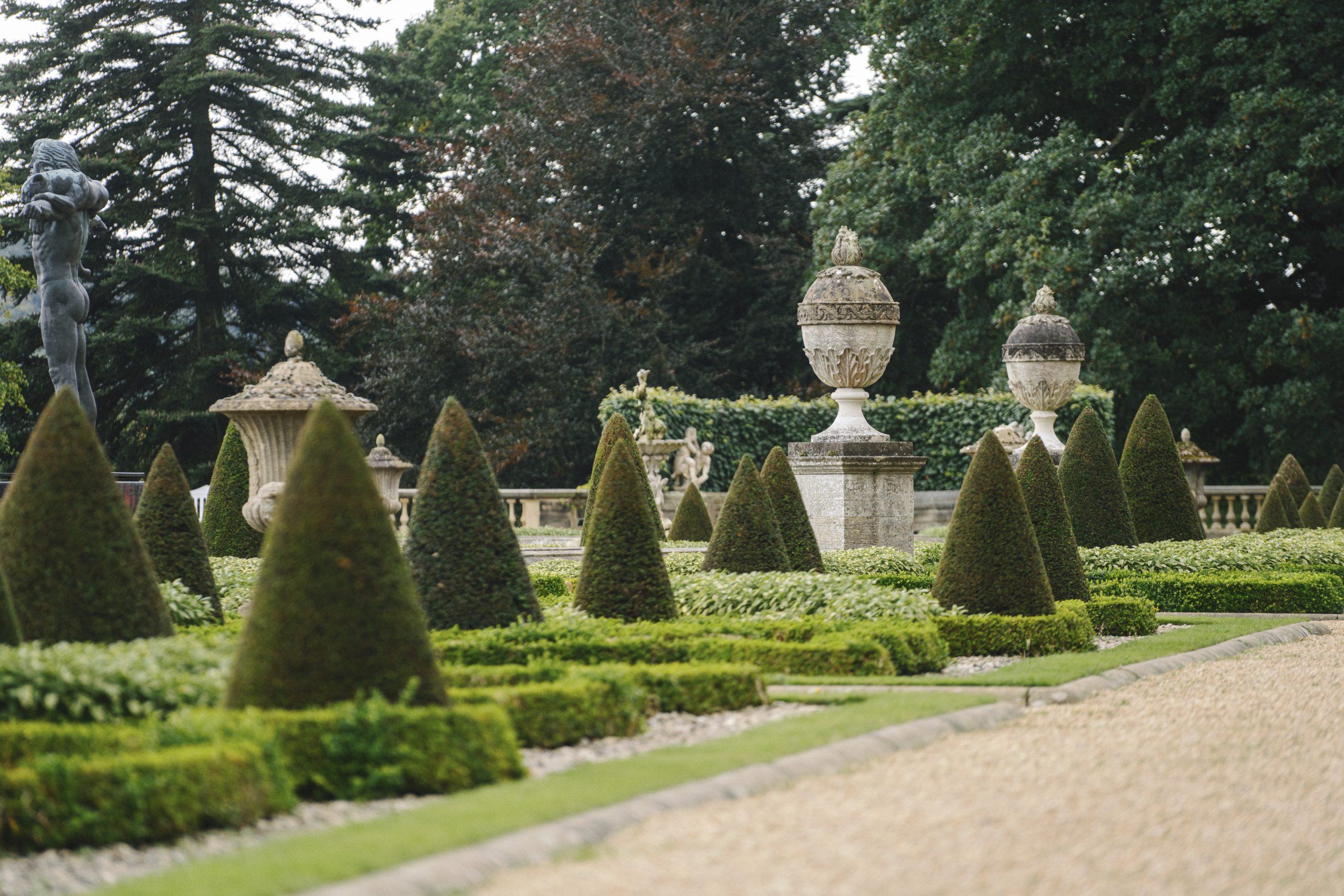 Ancient Conifer trees tower over the Terrace garden which is decorated with a maze of ornamental hedges, topiary bushes and stone foundations.