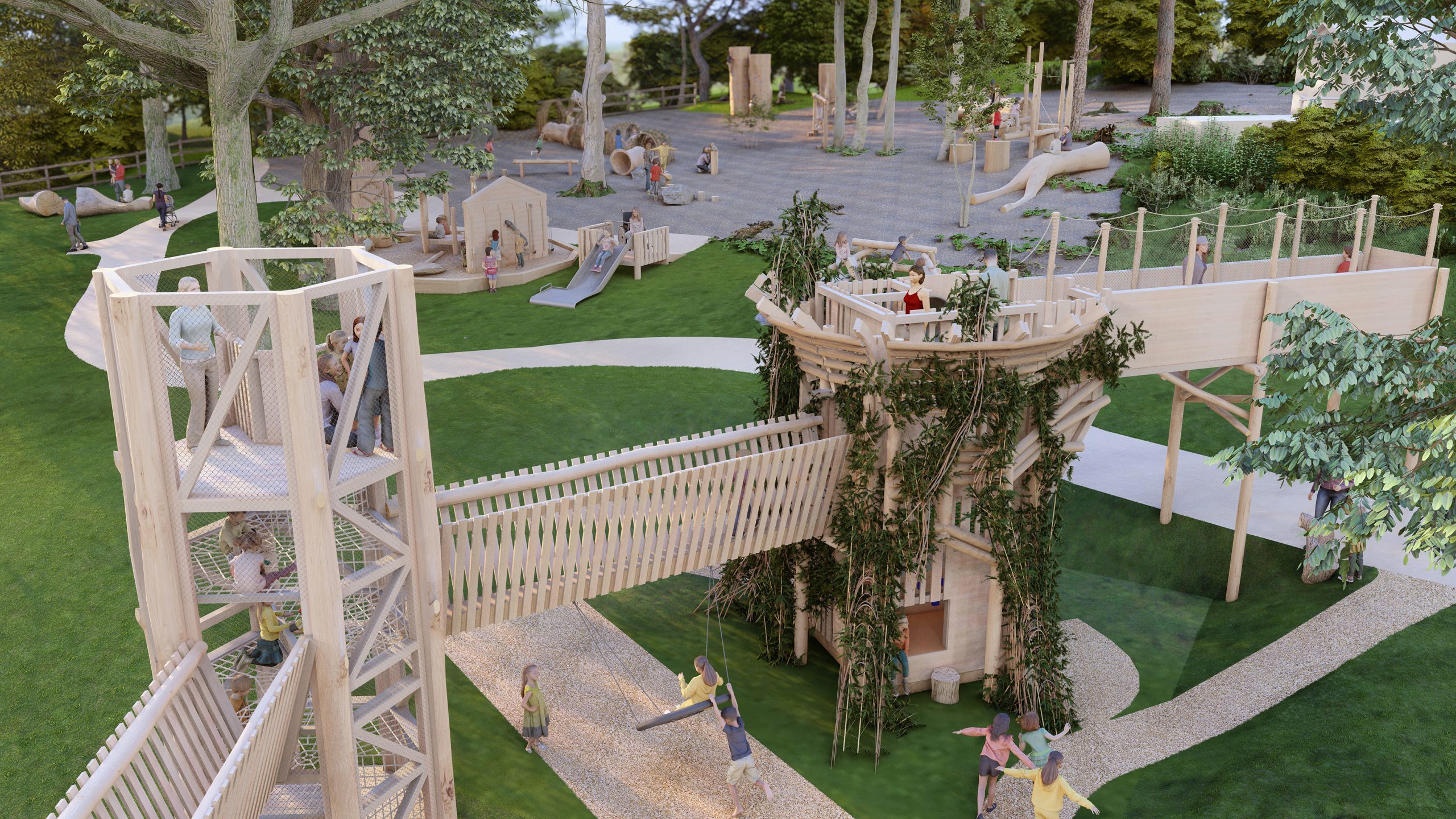 An expansive adventure playground set within a lush, green parkland. The playground features various wooden structures and play areas designed for children of all abilities, blending natural materials with creative play elements.