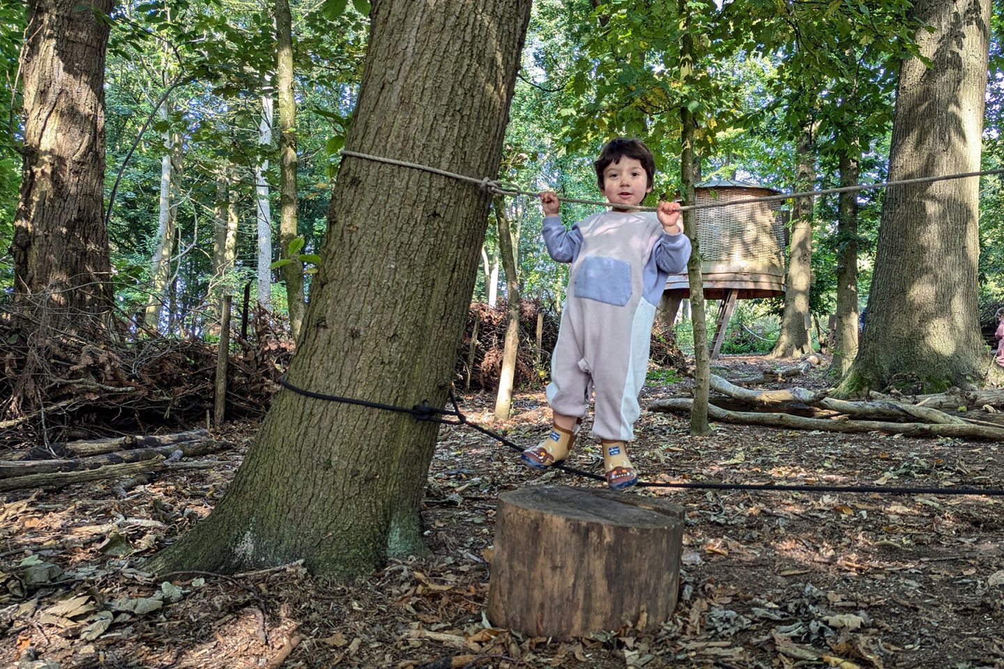 Young child wearing a romper suit stands on a rope bridge between two trees during a Tree Toddlers exploration session.