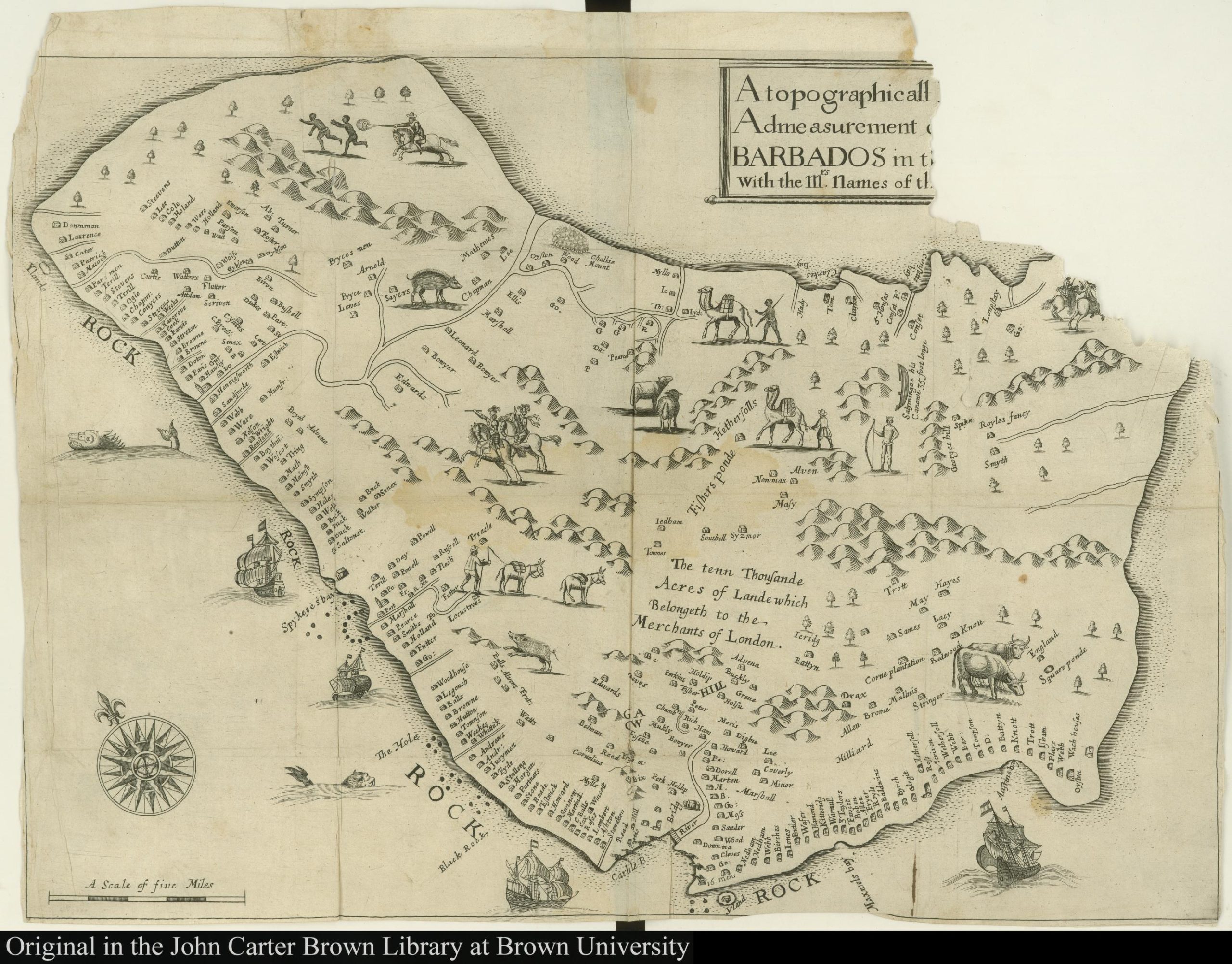 A beige and black illustrated map of the island of Barbados, including drawings of cattle, men with weapons, houses, trees in land and boats dotted around the edge.