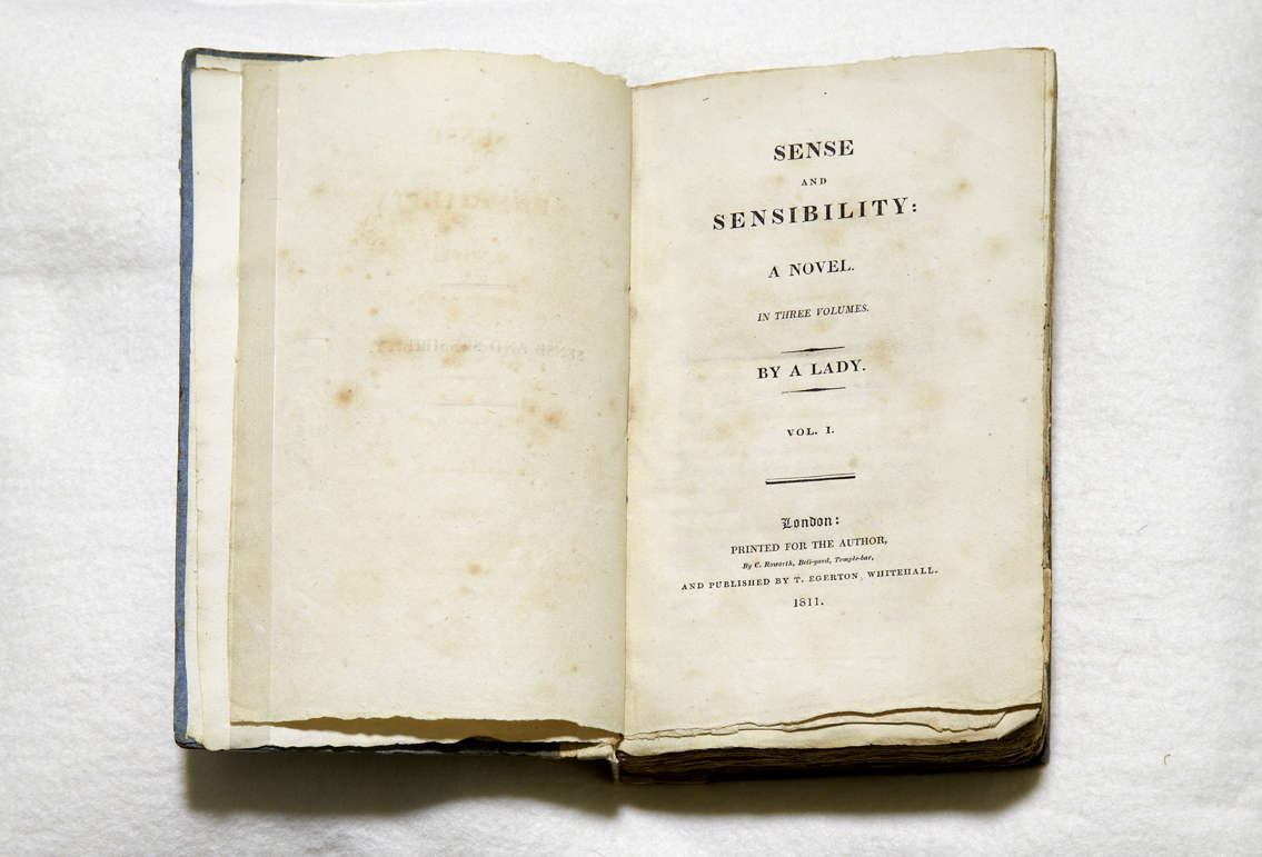 First edition of Sense and Sensibility open on title page, Jane Austen's House, Chawton