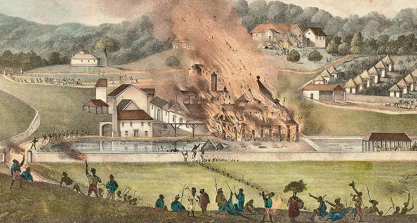 A painting showing a group of people stood on a hill holding weapons and flaming torches. In the middle, there is a group of buildings and one of the buildings is on fire. People to the side of the building and in the background seem to be running away. The background is dotted with other buildings and trees.