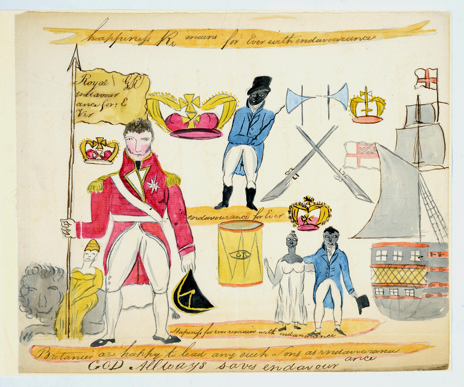 A historical illustration featuring a British soldier in a red uniform holding a flag inscribed with partial text, surrounded by symbols of crowns, weapons, and a ship. A Black figure in a blue jacket and white trousers stands prominently to the right, symbolising resilience or historical narratives involving Black individuals. Two smaller figures, a man in blue and a woman in white, are depicted below. Crossed rifles and spears highlight themes of warfare, while a ship suggests naval power or trade. The artwork combines imagery of the British Empire, monarchy, and historical struggles, with handwritten inscriptions and a drum adding further symbolic elements.