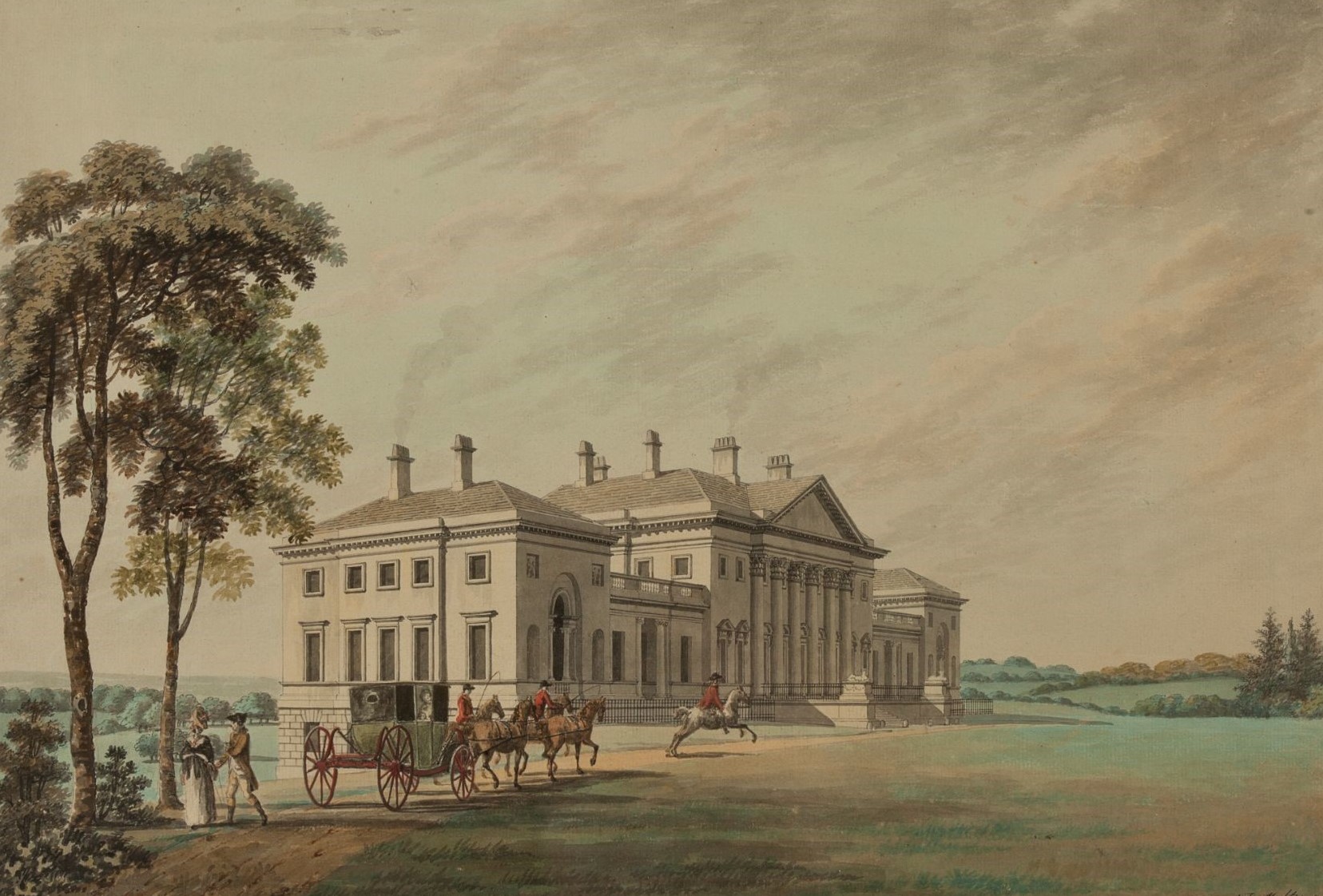 A watercolour painting of Harewood House seen on an angle from the carriage approach. A carriage arrives towards the House. The colours are washed out, almost sepia.